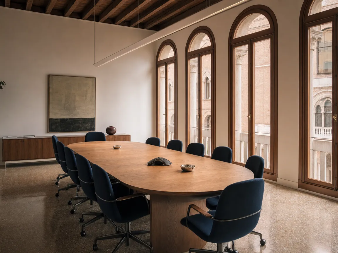 La sala riunioni dello studio con le finestre ad arco